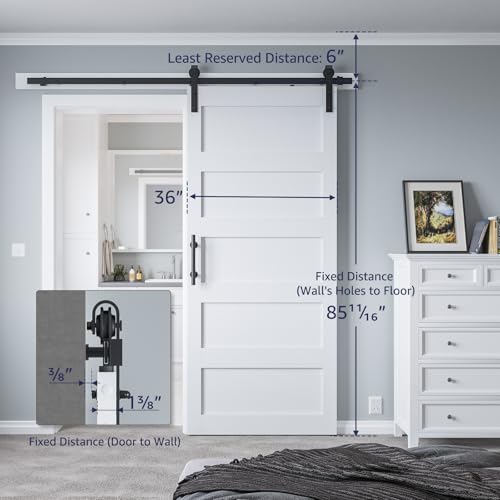 34in x 84in Sliding Barn Door with 6ft Barn Door Hardware Kit & Handle, Pre-Drilled Holes Easy Assembly -Solid Barn Door Slab Covered with Water-Proof PVC Surface, White, 5 Panel