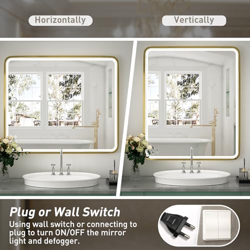 32X24 Inch LED Bathroom Mirror with Light, Black Metal Frame Mirror, Wall Mounted Lighted Vanity Mirrors for Wall, Anti Fog Dimmable Led Mirror for Makeup