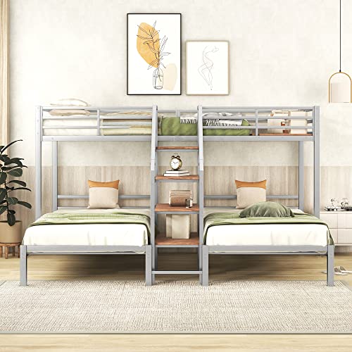 Versatility Full-Over-Twin-Twin Bunk Bed with Wardrobe and Mirror, Solid Wood Triple Bunk Bed Frame with Safety Guardrail and Built-in Shelves, 3 Beds in 1 for Kids Teens Adults (Grey-Mi)