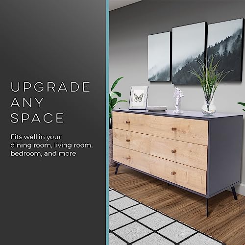 Raveena MAX Chest | Buffet Cabinet with Storage | Sideboard Cabinet | Multifunctional Buffets & Sideboards | Credenza with Six Sliding Drawers | Media Console Table with Storage (Oak, Dark Gray)