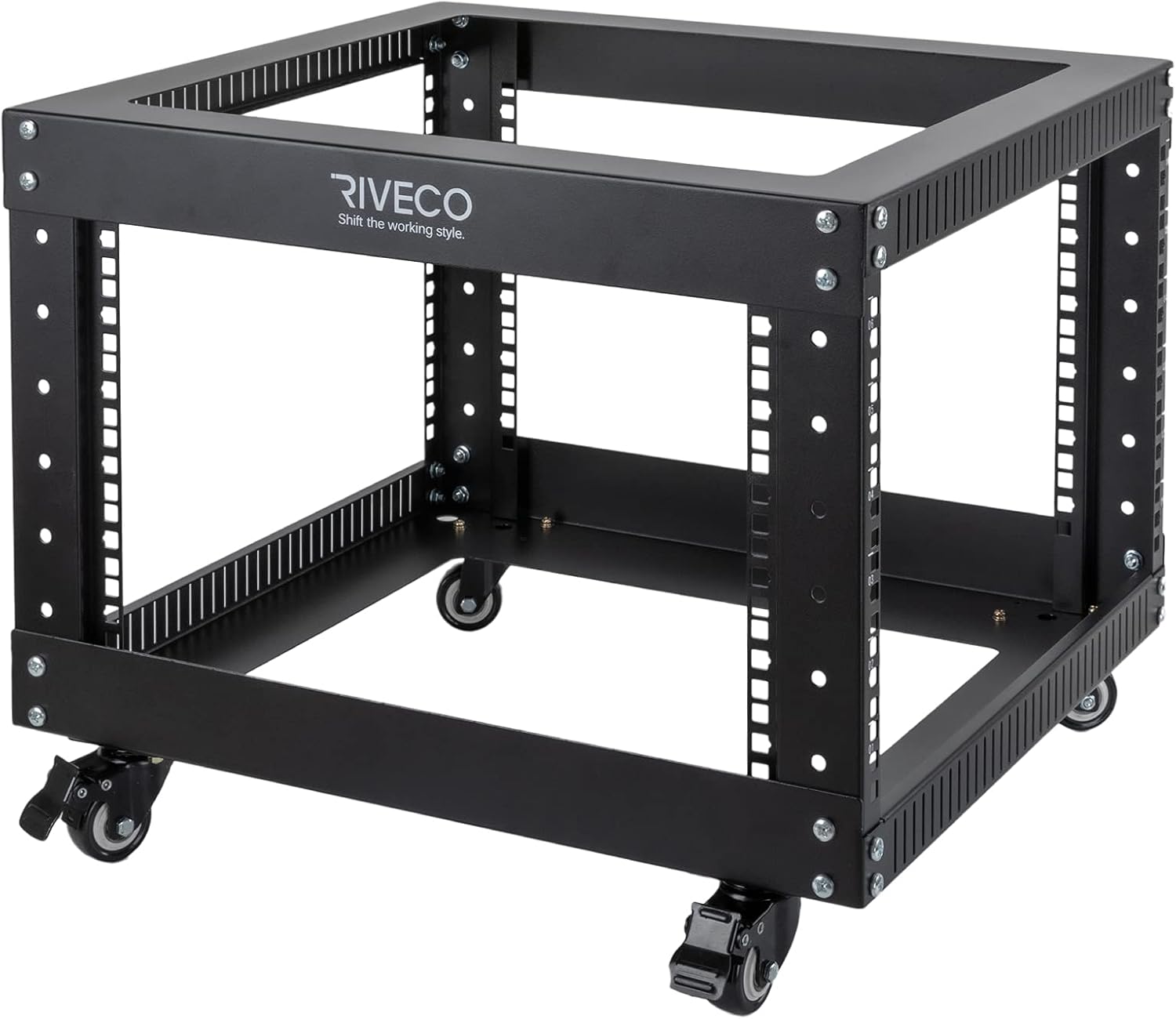 RIVECO 9U Open Frame Server Rack with Casters- Heavy Duty 4 Post Quick Assembly 19-inch, Stereo Rack Network Cabinet Black