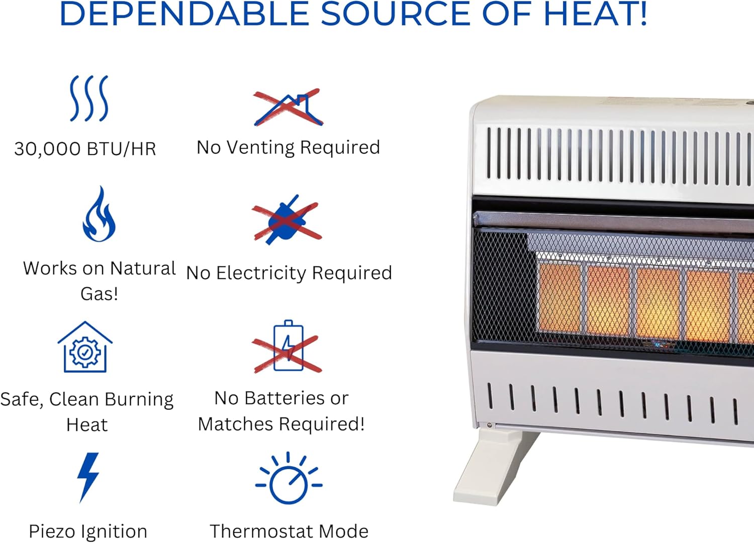 ProCom MN300TPA-B Ventless Natural Gas Infrared Space Heater with Thermostat Control for Home and Office Use, 30000 BTU, Heats Up to 1400 Sq. Ft., Includes Wall Mount and Base Feet, White