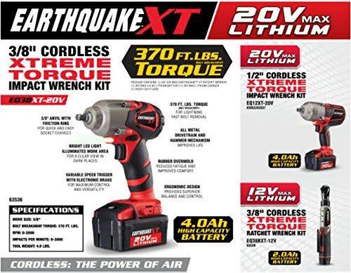 Earthquake 20V Max Lithium-Ion Cordless 3/8 in. Xtreme Torque Impact Wrench Kit
