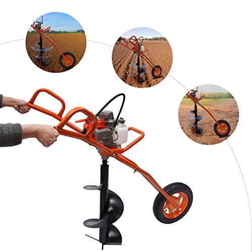63CC Post Hole Digger 3HP Gas Powered Earth Auger Borer Ground Drill Gasoline Earth Auger Wheelbarrow with 11" Bit for Fence Ground Drill Garden Tree Planting (Red)
