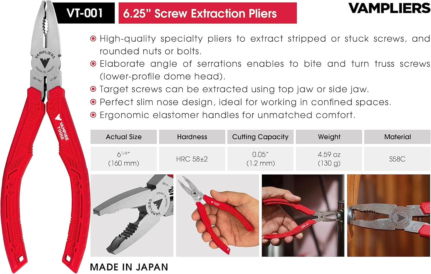 VAMPLIERS 4-Piece Screw Extractor Pliers Tool Set. High Carbon Steel. Made in Japan: 8" Linesman Combination Pliers, 7" Slip-Joint, 6.25" Multipurpose Pliers & 5" ESD Safe Grip Pliers + Tool Pouch.