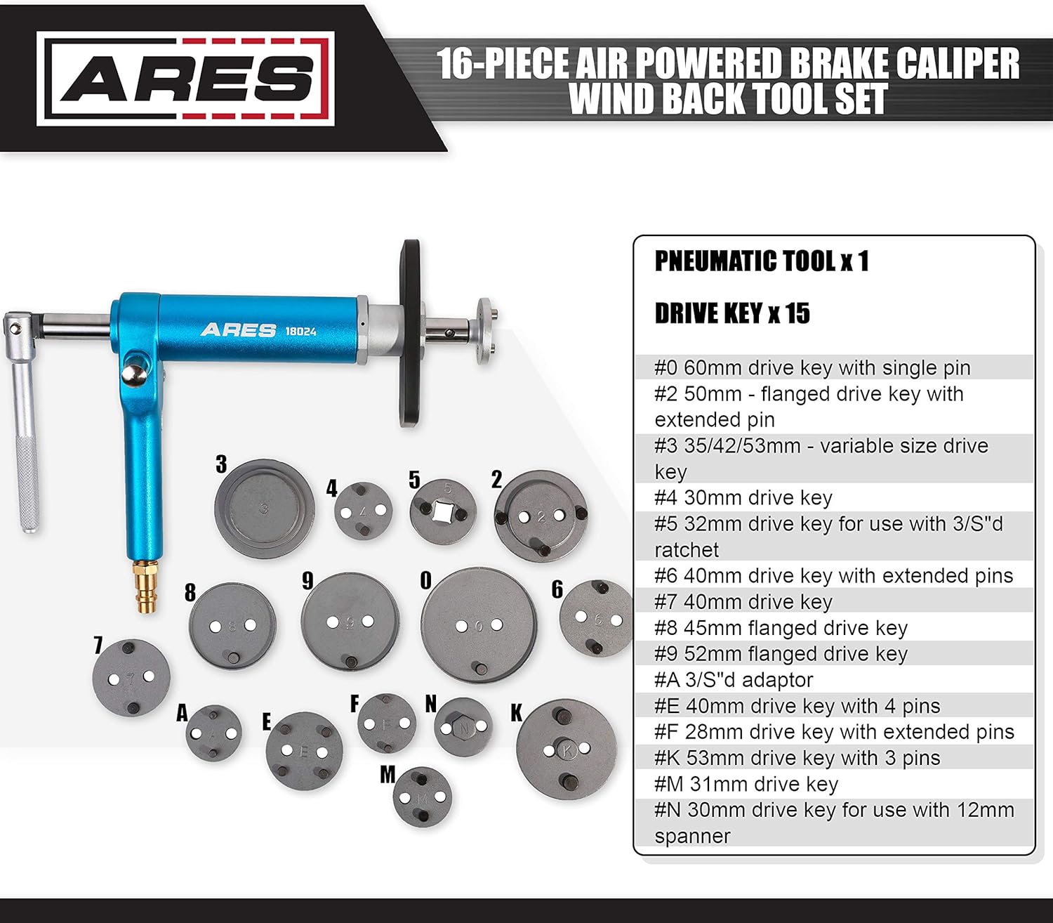 ARES 18024-16-Piece Brake Caliper Wind Back Tool Set - Pneumatic Design for Easy One-Person Use - Includes Compressor Tool, 15 Drive Key Disc Adapters - Storage Case Included