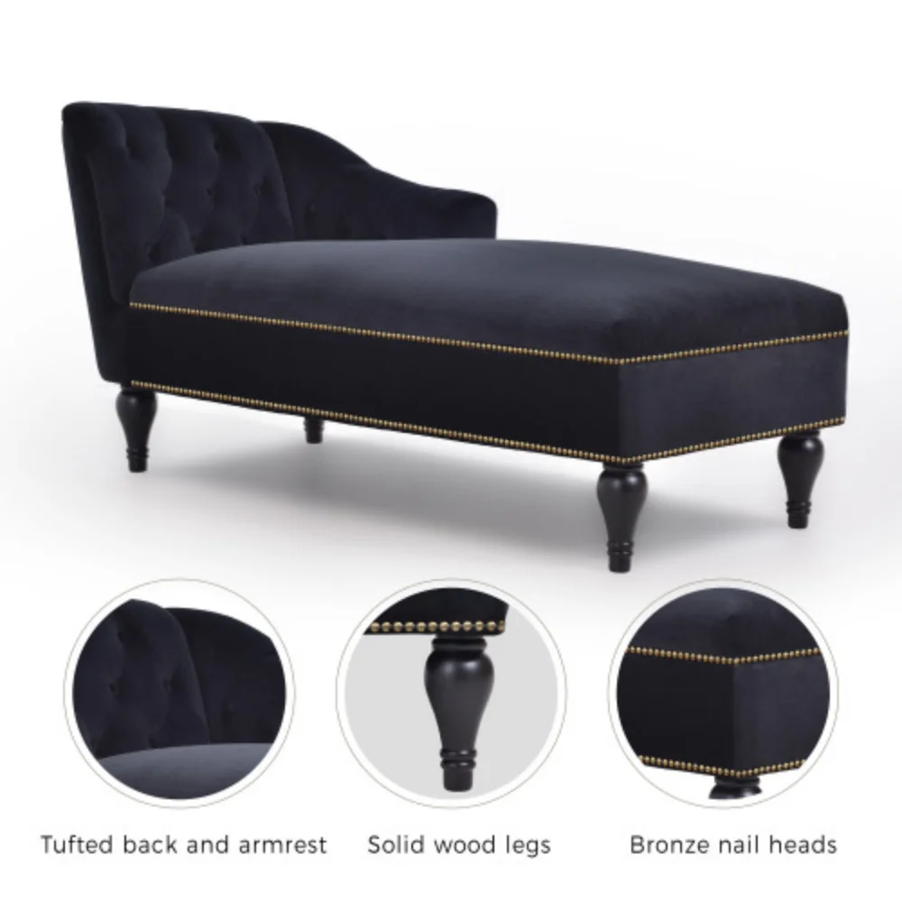 8" Velvet Chaise Lounge,Button Tufted Right Arm Facing Lounge Chair with Nailhead Trim & Solid Wood Legs for Living Room or Office, Sleeper Lounge Sofa (Black)