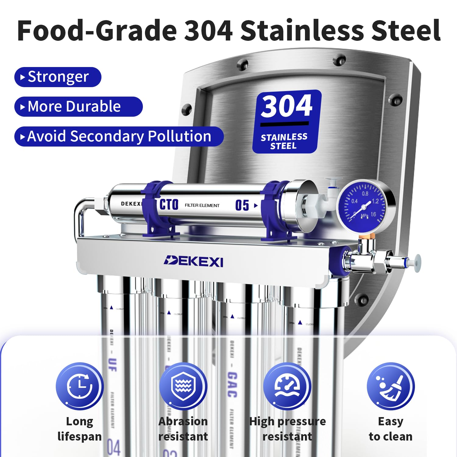 0.01μm Ultra-Filtration Under Sink Water Filter with Faucet, Stainless Steel, 5X Service Life,Remove 99.99% of Contąminants Larger Than 0.01μm,2 Mounting Options (5 Filter Included)