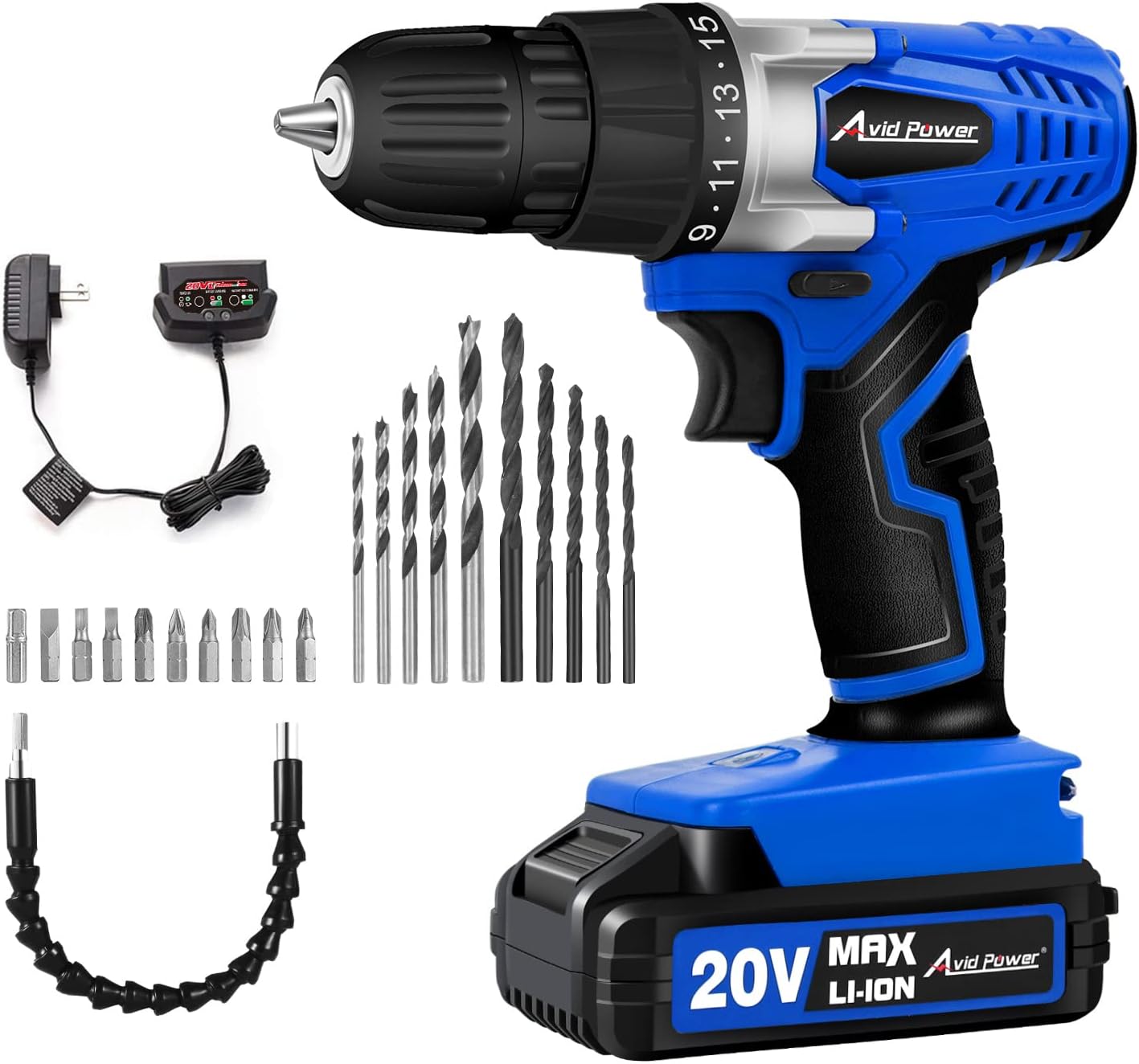 AVID POWER 20V MAX Lithium lon Cordless Drill Set, Power Drill Kit with Battery and Charger, 3/8 inches Keyless Chuck, Variable Speed, 16 Position and 22pcs Drill Bits (Blue) Pack of 2