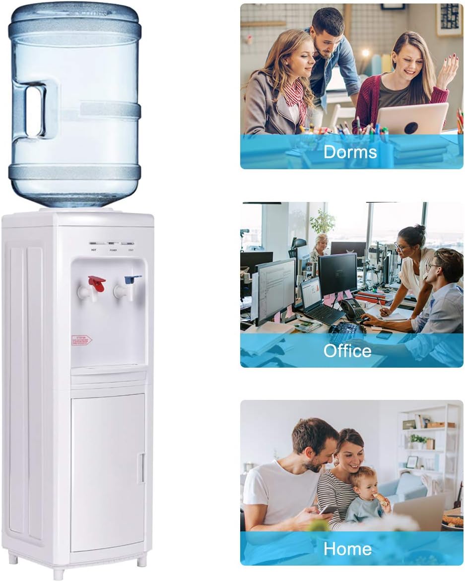 COSTWAY Water Cooler Dispenser for 3-5 Gallon Bottle, Top Loading Hot and Cold Water Dispenser with Storage Cabinet, Child Lock, Water Cooler with Compression Refrigeration Technology, White