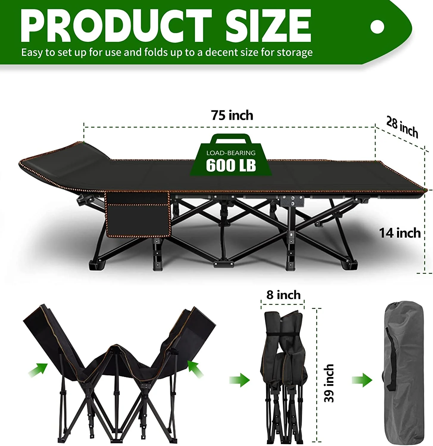 Slsy Folding Bed with 3.3 Inch 2 Sided Mattress & Carry Bag for Adults & Kids, Camping Cot, Sleeping Cot, Folding Guest Bed, Heavy Duty Supports 880 Lbs