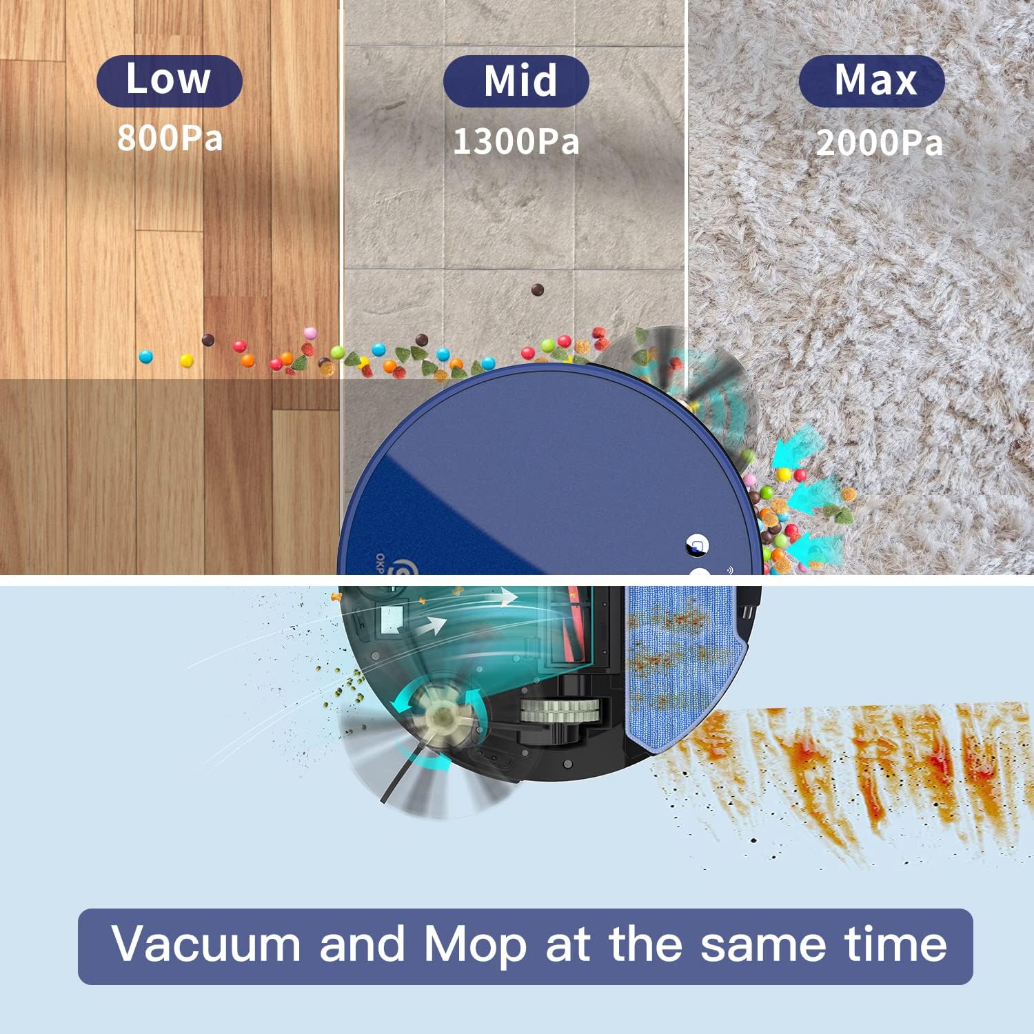 OKP Robot Vacuum Cleaner, 2000Pa Super Suction, Two-Layer Dust Box Design, Self Charging, Quiet Cleaning for Pet Hair, Blue