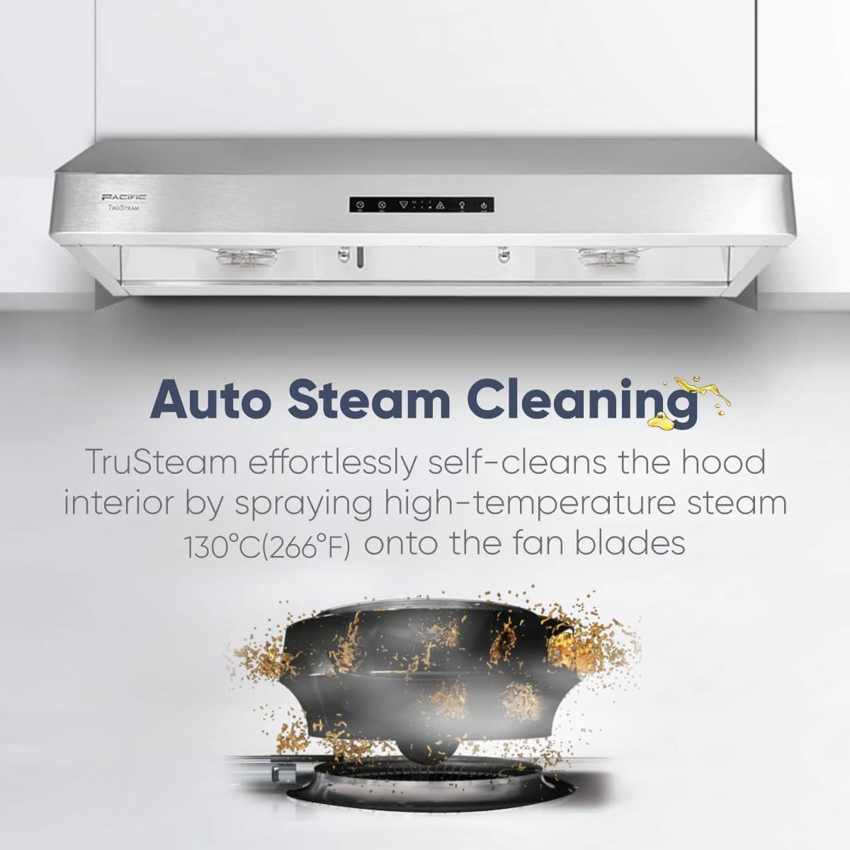 Pacific Trusteam 30" Under Cabinet Hood, Auto Steam Cleaning, 900+ CFM Powerful Vent, Ultra Quiet Performance Hood, Stainless Steel Color, 2 Dual-Level LED Light Strips, High-Tech Touch Control (30')