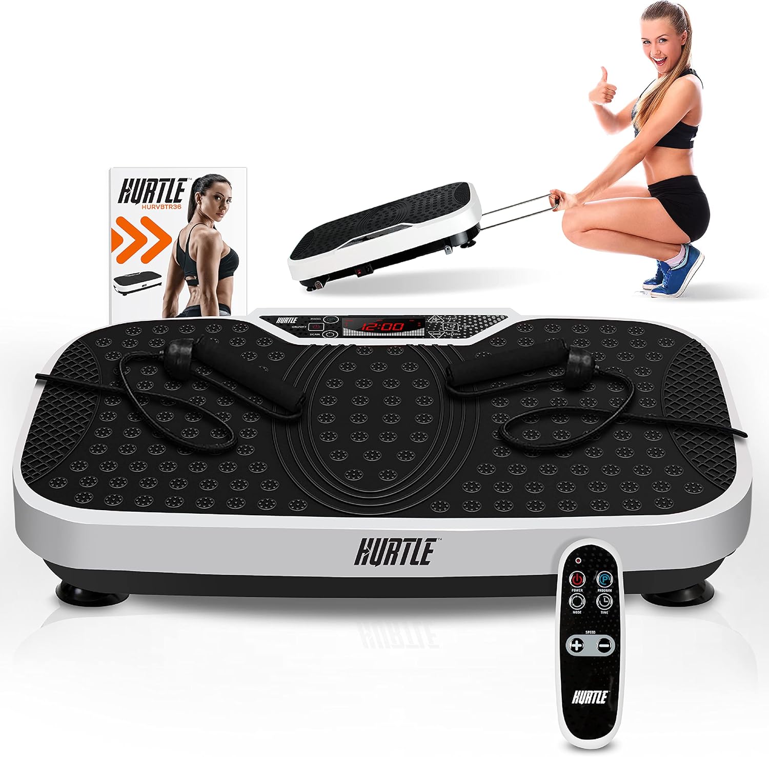 Hurtle Fitness Vibration Platform Machine - Home Gym Whole Body Shaker Exercise Machine Workout Trainer Fast Weight Loss w/Resistance Bands Easy Carry Wheel Remote Adjustable Speed