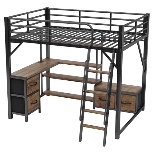 Full Size Loft Bed with Stairs and Storage, Metal Loft Bed Frame with Bedside Shelf and Large Under-Bed Space, Heavy-Duty Bed for Adults Teens and Kids, Black