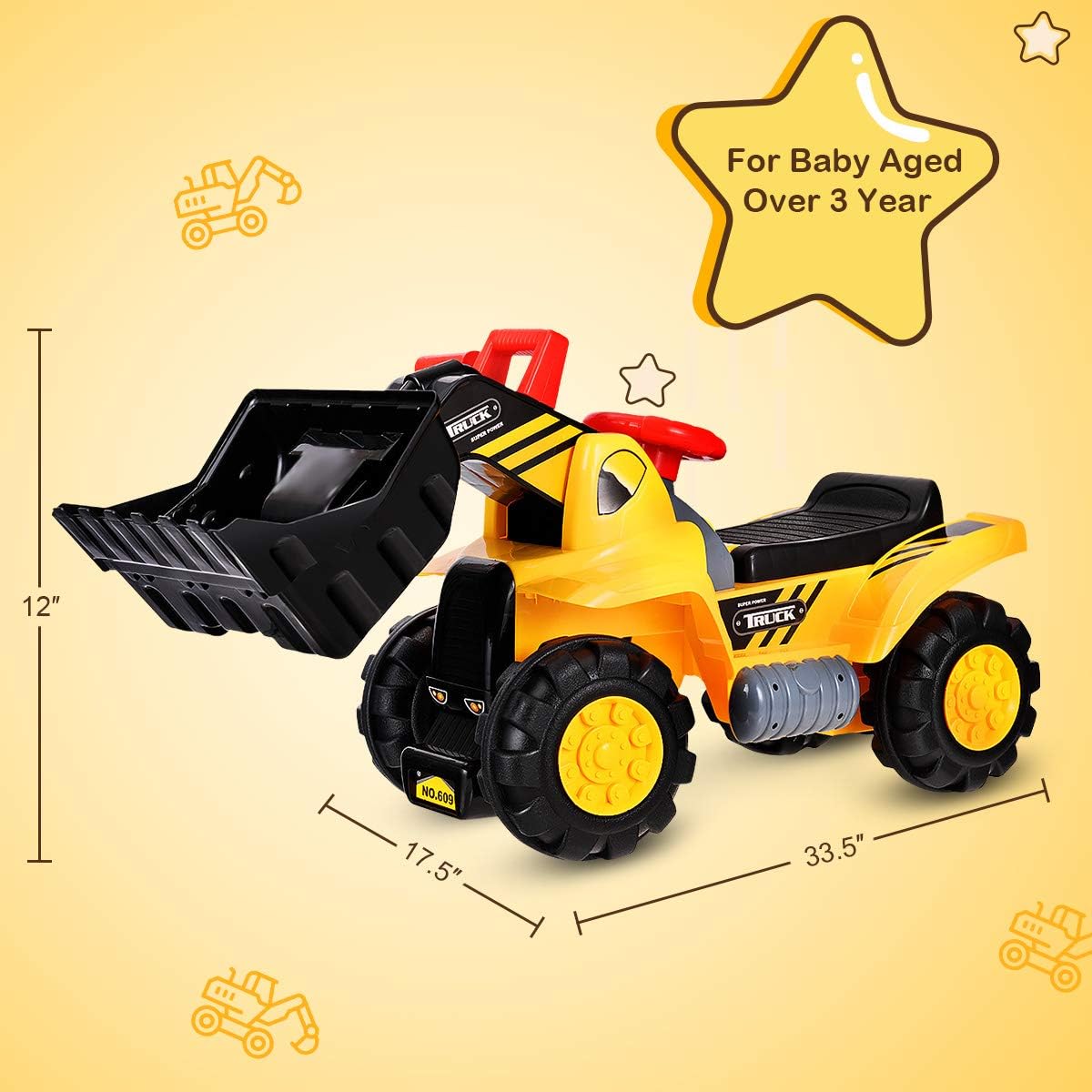 Costzon Kids Ride On Construction Bulldozer, Outdoor Digger Scooper Pulling Cart W/Front Loader Digger Horn Underneath Storage, Children Pretend Play Truck Toy (Yellow)
