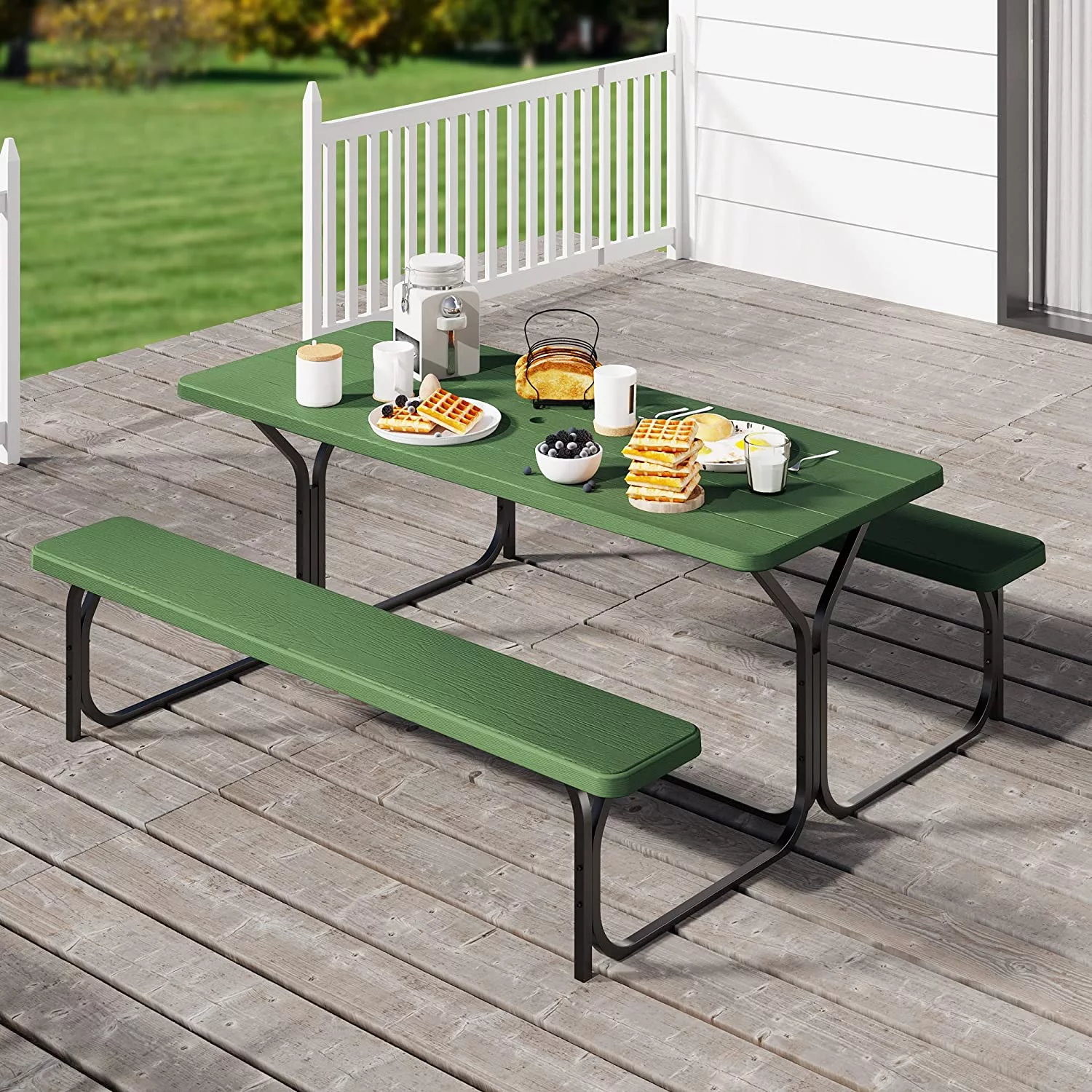 DWVO Picnic Table 6ft Heavy Duty Outdoor Picnic Table and Bench Resin Tabletop & Stable Steel Frame w/Umbrella Hole for Yard Patio Lawn Party Green