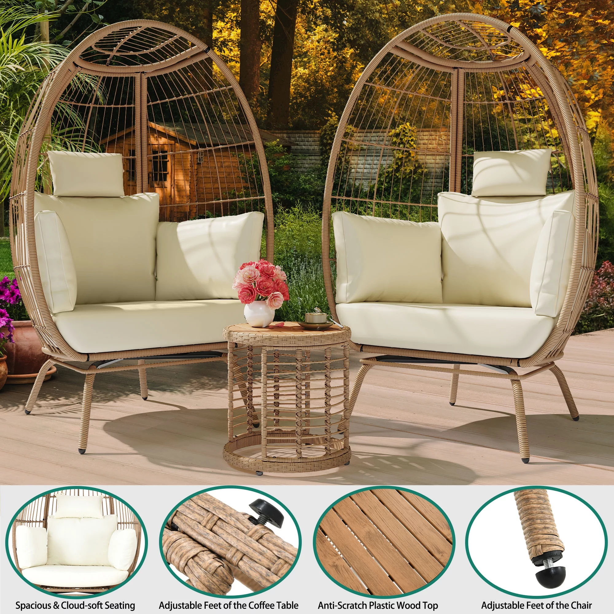 DWVO 2-Piece Wicker Egg Chair with Coffee Table Outdoor Indoor Oversized Lounger with Stand, Table, Cushions, Egg Basket Chair for Patio Backyard Porch - Beige