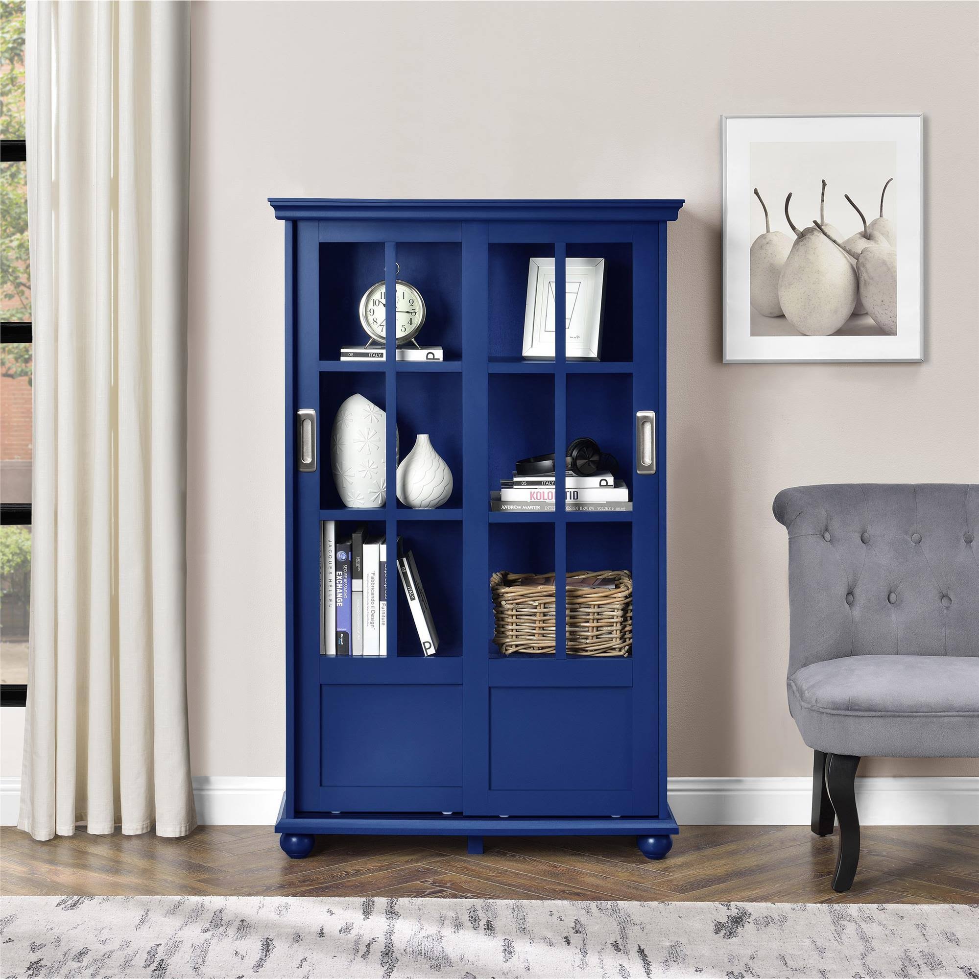 Sona Bookcase with Sliding Glass Doors, N/A / Blue