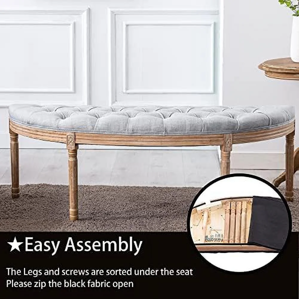 55" Halfmoon Entryway Bench Tufted Semi Circle Ottoman Bench Seat French Style Upholstered Bed End Bench for Foyer Mudroom Bedroom  Beige