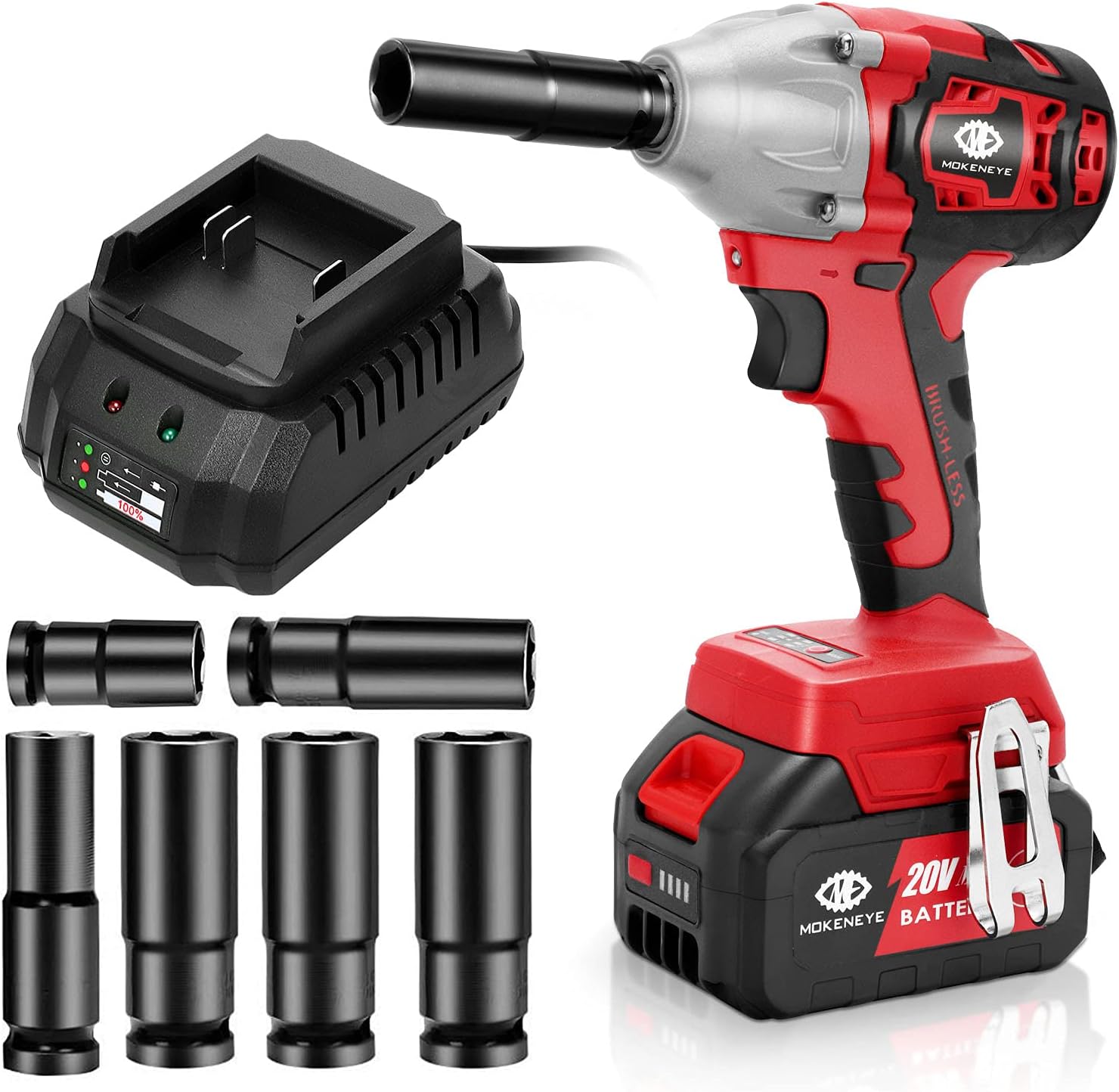 MOKENEYE 20V Cordless Brushless Impact Wrench with 4.0 Ah Battery, 300 Ft-lbs Torque, 3-Speed up to 2900 RPM, 6 Impact Sockets, 1/2 Inch Battery Powered Impact Wrench for Car Tires