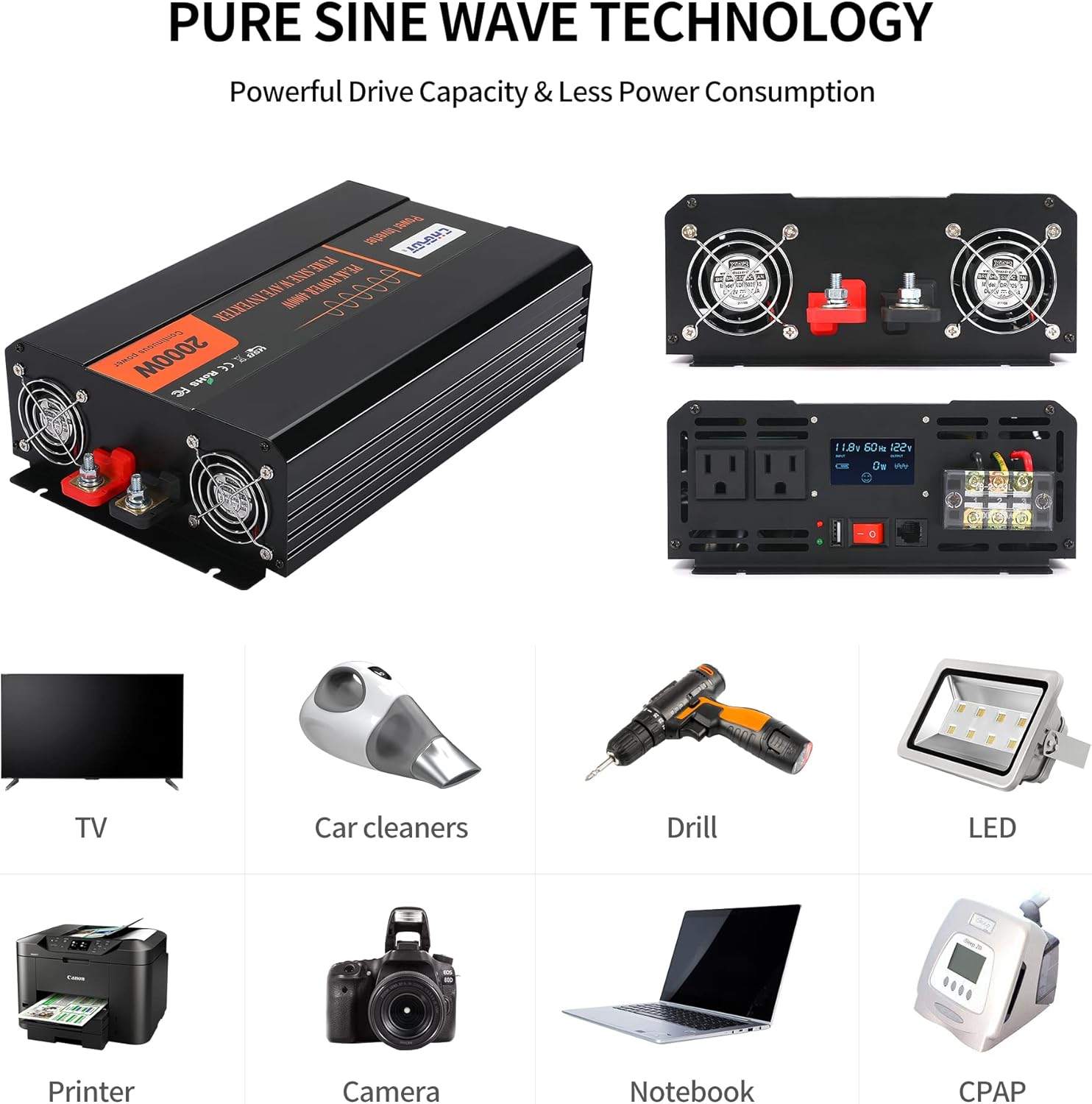 Power Inverter, 2000W Pure Sine Wave Inverter DC 12V to AC 120V Car Inverter with LCD Digital Display Remote Control USB Port Power Converter for Travel/Camping