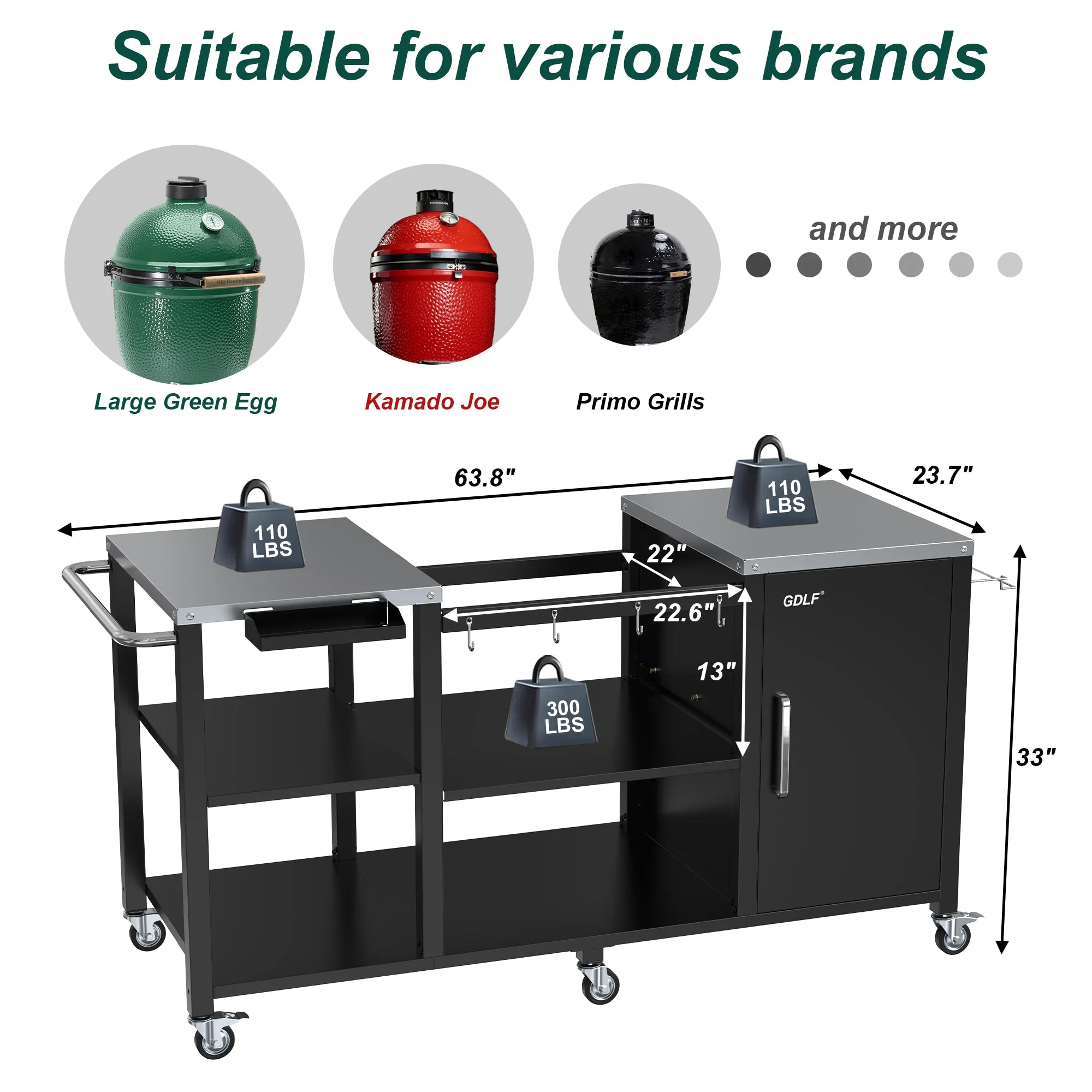 GDLF Table Compatible with Big Green Egg Grill Heavy Duty Metal Green Egg Stand with Accessories Storage