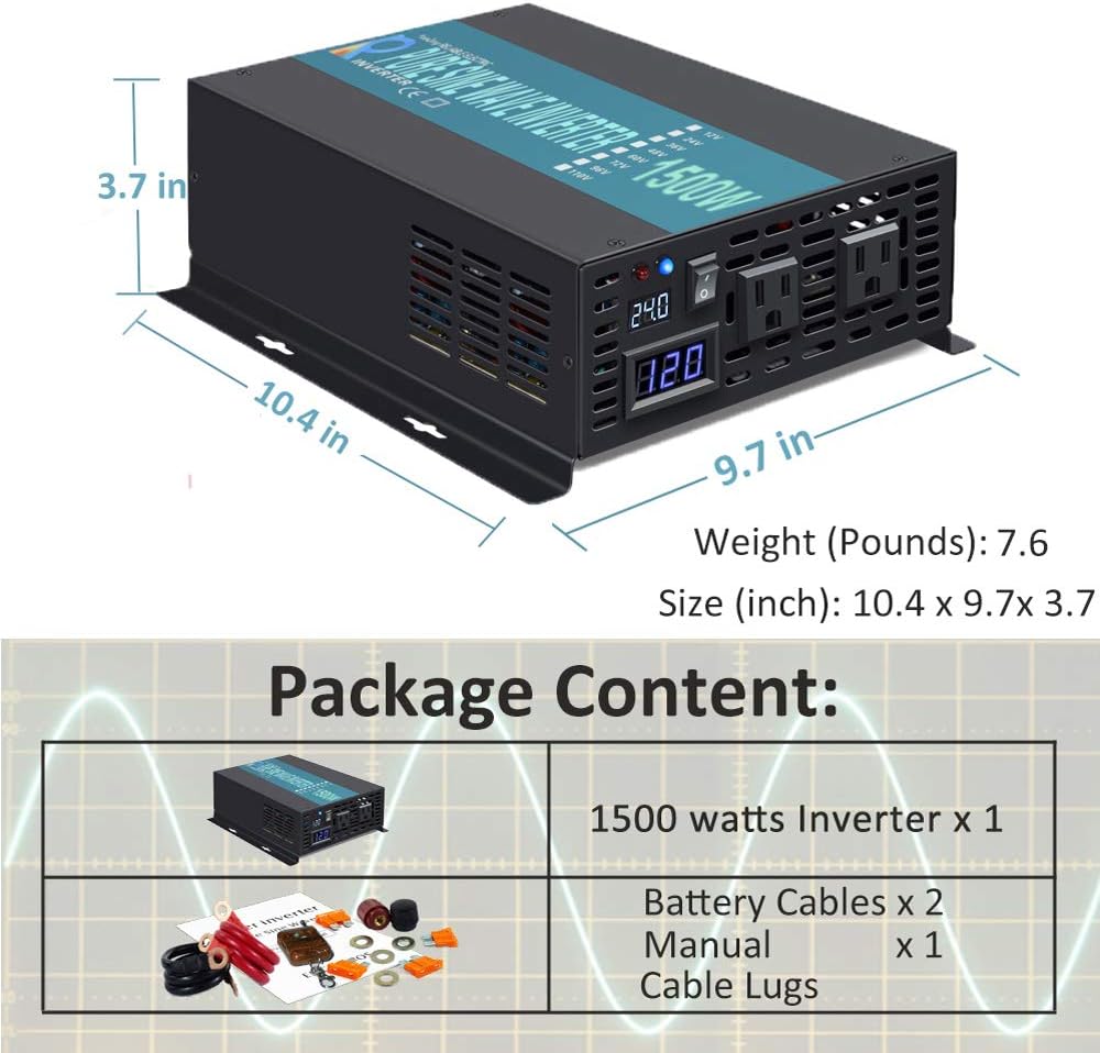 Reliable Pure Sine Wave Power Inverter 1500Watt 24V DC to 110V 120V with Remote Control Dual AC Outlets for CPAP RV Car Off Grid System