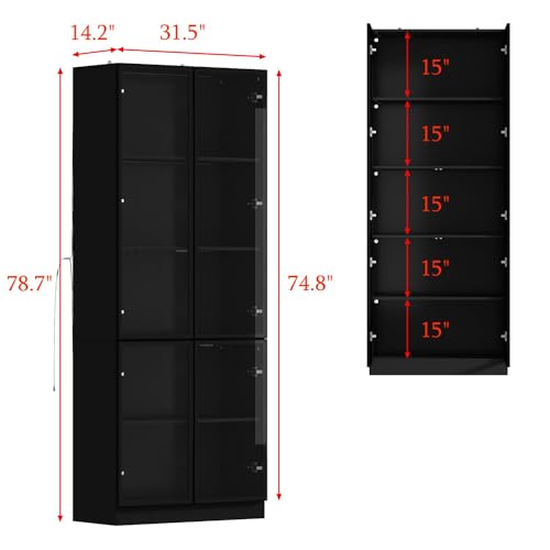 MOUMON Glass Display Cabinet with Lights & 4 Pop-up Doors, Glass Cabinet Display Case with 5-Tier Storage Shelves, for Living Room Hallway Black (31.5”W x 14.2”D x 78.7”H)