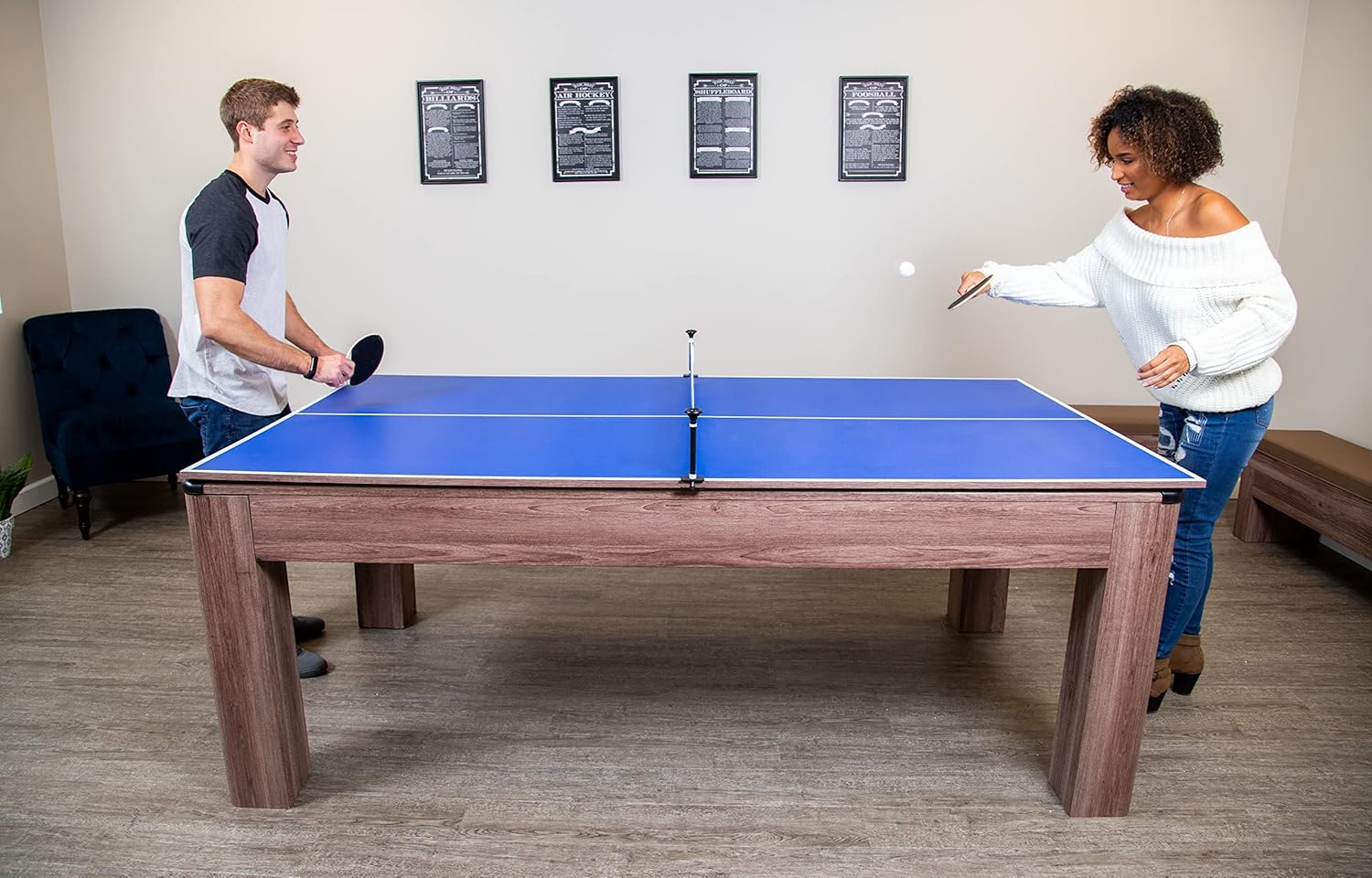 Hathaway Driftwood 7-ft Air Hockey Table Tennis Combination with Dining Top, Two Storage Benches, Free Accessories