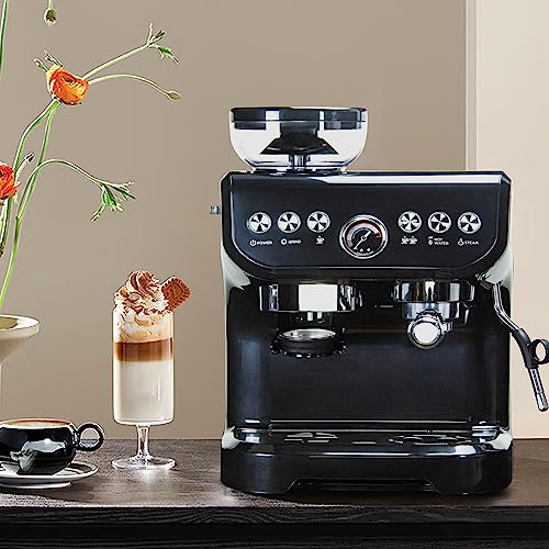 Espresso Machine 15 Bar, Coffee Maker With Milk Frother Steam Wand, Built-In Bean Grinder, Combo Cappuccino Machine with 70oz Removable Water Tank (ABS high-strength plastic shell)