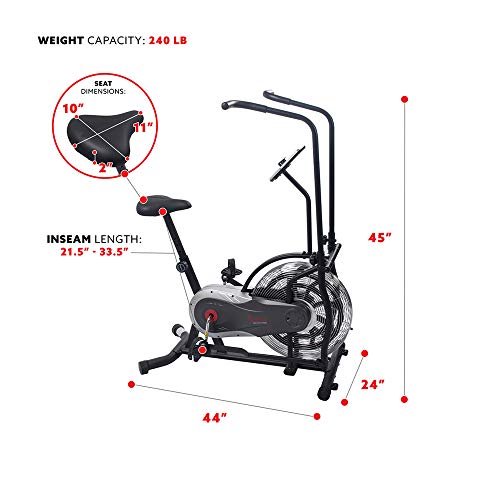 Sunny Health & Fitness Air Bike Fan Exercise Bike with Digital Monitor, Full Motion Arm Exercisers, and Adjustable Seat