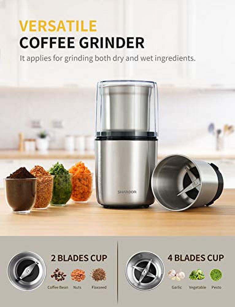 SHARDOR Electric Coffee Grinder, Spice Grinder, 2 Removable Bowls with Stainless Steel Blades, Silver