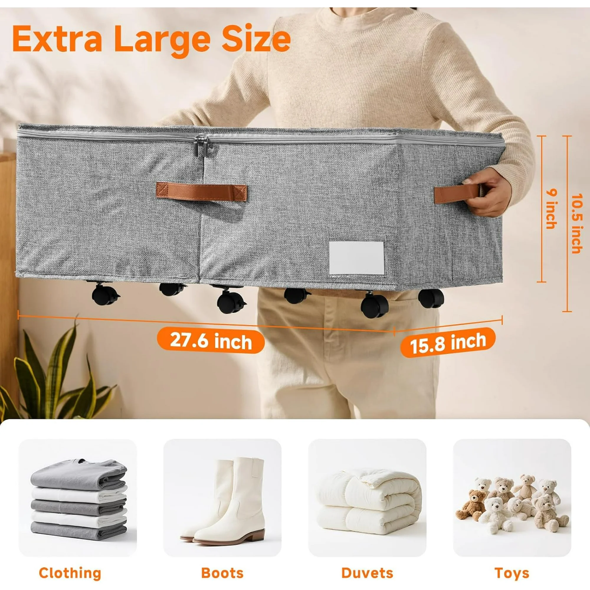 60L Large Under Bed Storage with Wheels Pack of 2, Underbed Shoe Container Bin with Clear Lid Cover, 10.5 Inches Rolling Under Bed Drawer Storage Bag Basket for Boots Quilt Sweater - Grey