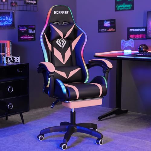 HOFFREE Gaming Chair Massage with Bluetooth Speakers and Led Lights Ergonomic Computer Gaming Chair with Footrest RGB Video Game Chair with High Back Lumbar Support Blue and Black