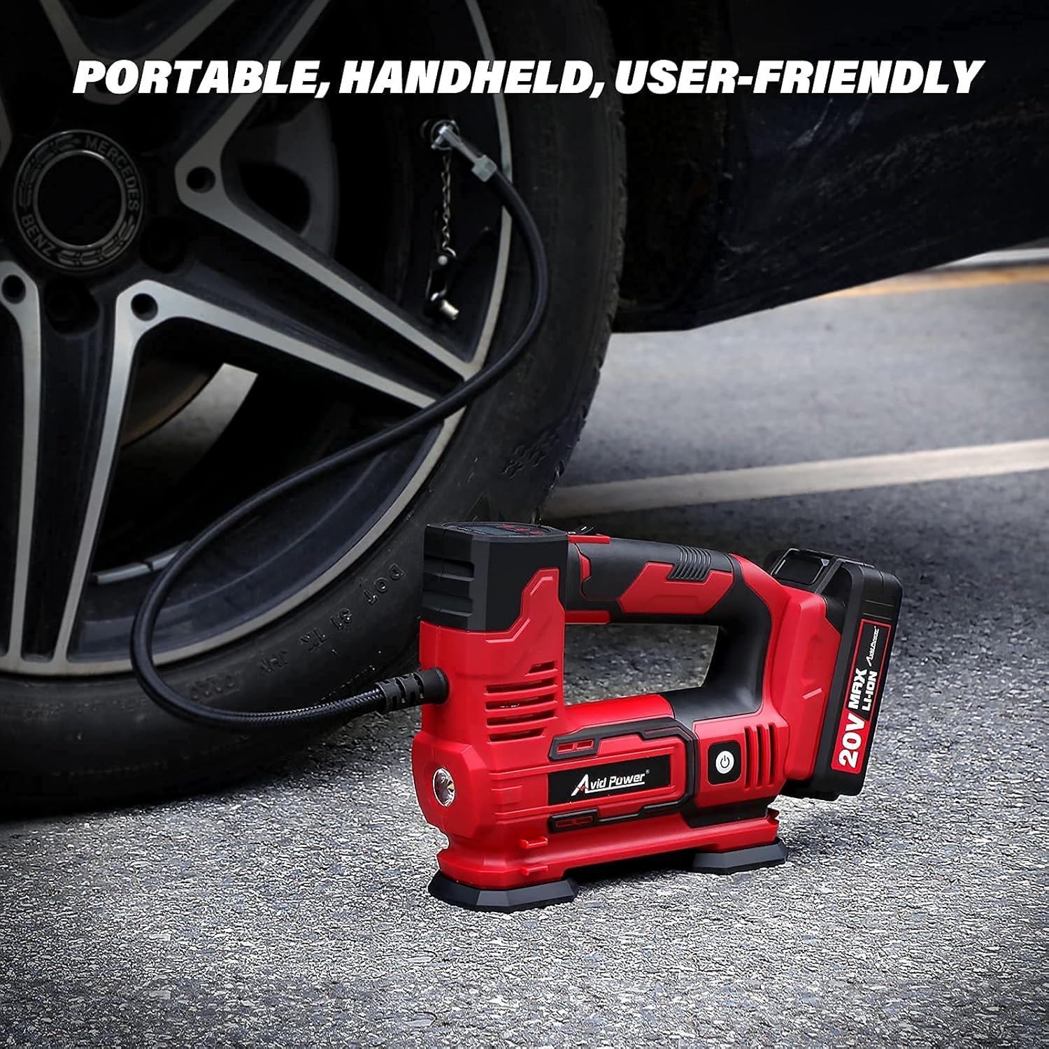 AVID POWER Tire Inflator Portable Air Compressor, 20V Cordless Car Tire Pump with Rechargeable Li-ion Battery, 12V Car Power Adapter, Digital Pressure Gauge