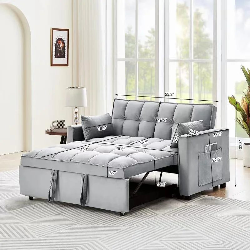 3 in 1 Sleeper Sofa Couch Bed, Modern Velvet Convertible Sleeper Sofa Bed, Small Love seat Sofa Bed with Pull-Out Bed, 2 Pillows and Side Pockets, for Living Room, Apartment, Black