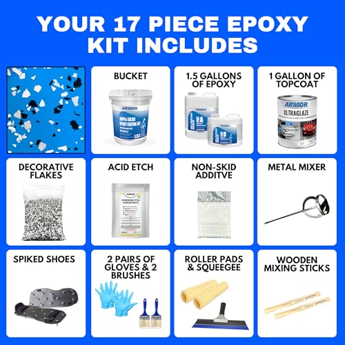 Garage Epoxy Floor Kit – 100% Solids - 2 Part Industrial-Grade Coating w/UltraGlaze Topcoat | DIY Slip & Hot Tire Resistant | 300 Sq Ft - Blue - 17 pc kit