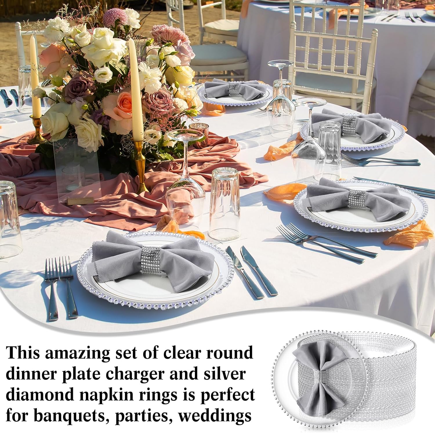 Dandat 50 Pack Clear Charger Plates Set 13 Inch Plastic Round Plates Bulk Silver Beaded Rim Dinner Plates with Napkin Rings, Wedding Party Banquet Events Kitchen Decoration