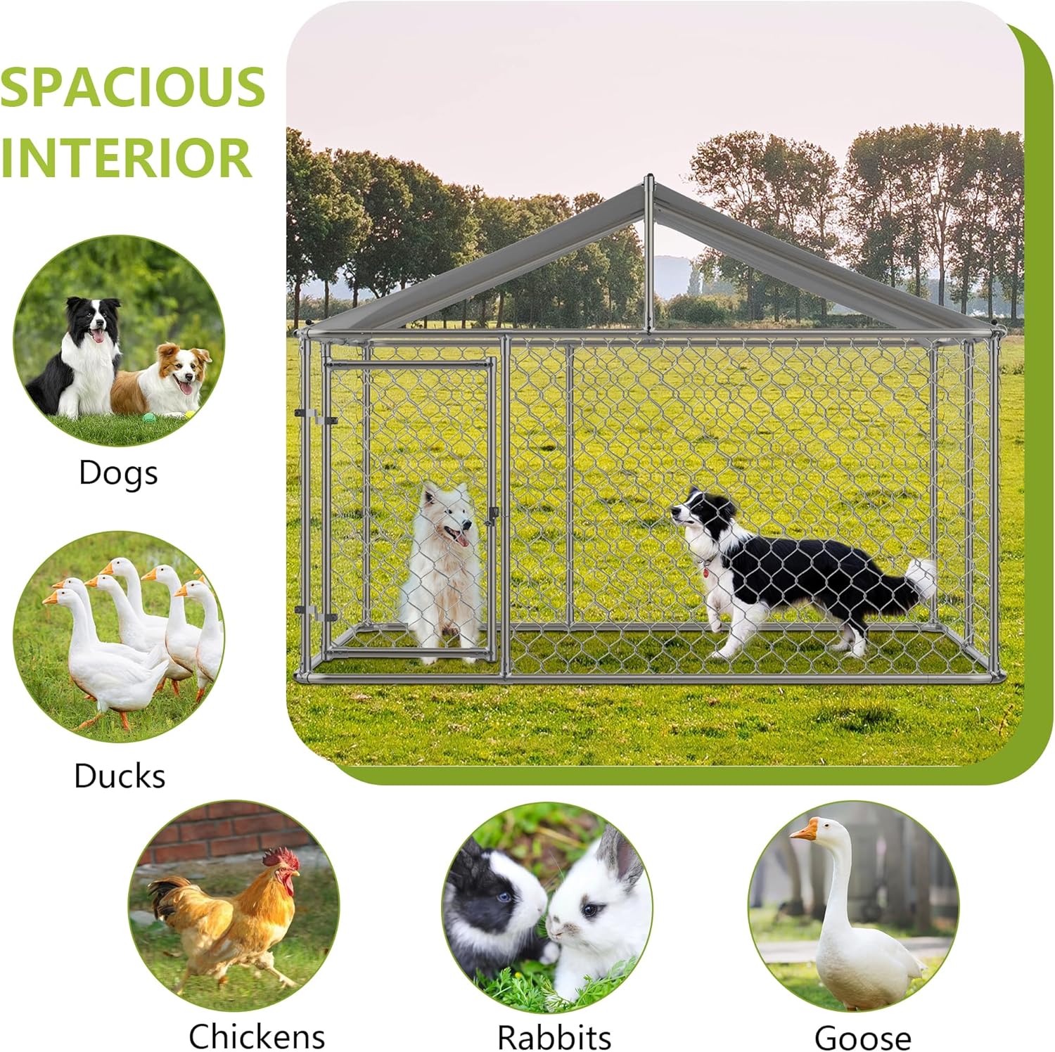 GNIXUU 7.5' x 7.5' Large Outdoor Dog Kennel, Heavy Duty Outdoor Fence Dog Cage with WaterProof UV-Resistant Cover, Galvanized Chain Link Dog Playpen House with Secure Lock for Backyard, Farm