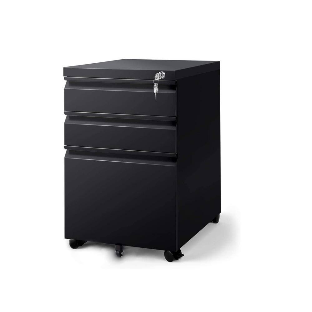 Boyel Living Black Locking 3-Drawers Vertical Desk Cabinet, Movable Pedestal File Cabinet Fully Assembled Except for 5-Casters