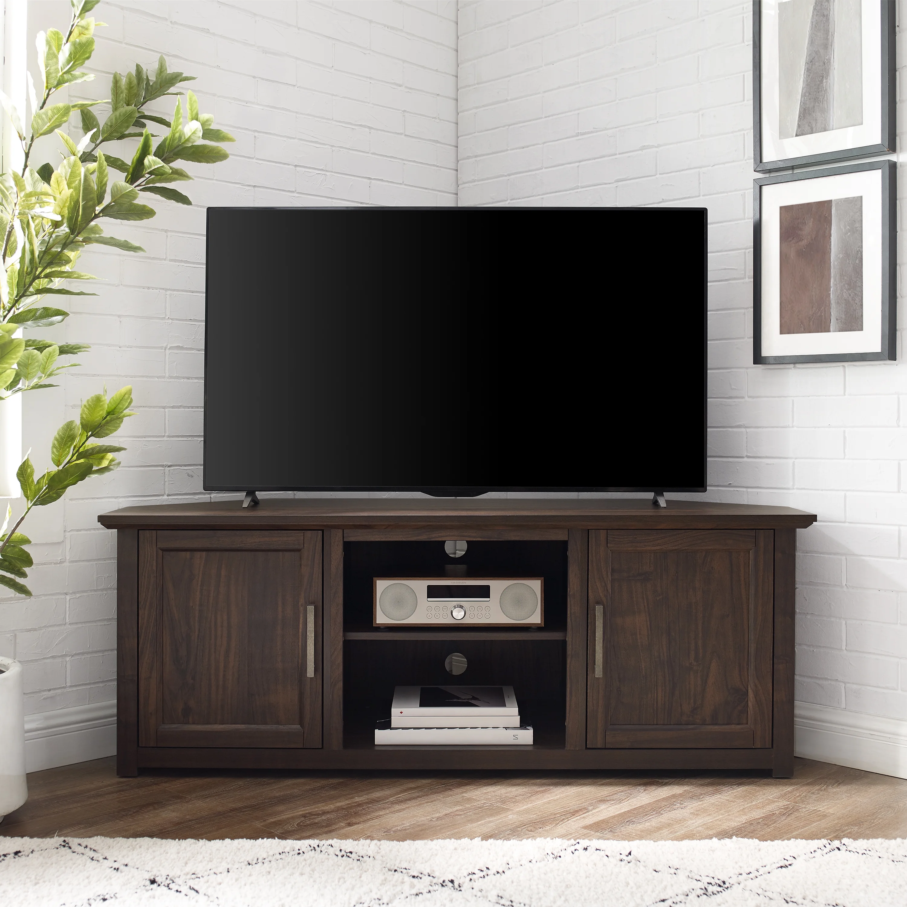 Crosley Furniture Camden 58"Rustic Wood Corner TV Stand in Dark Walnut