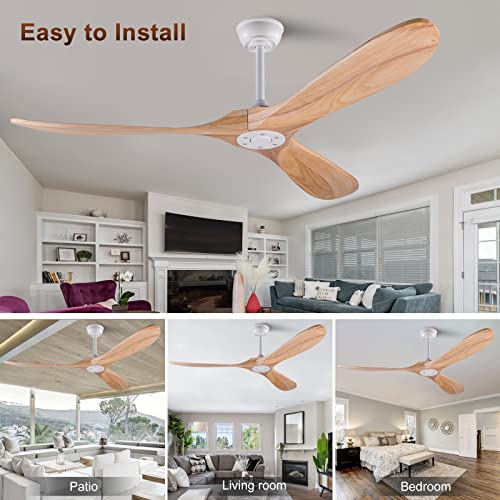 60 inch Ceiling Fans without Light, Solid Wood Ceiling Fan with Remote Control Modern Ceiling Fan no Light, Indoor Outdoor Ceiling Fans for Patios Living Room Bedroom Farmhouse Gazebo
