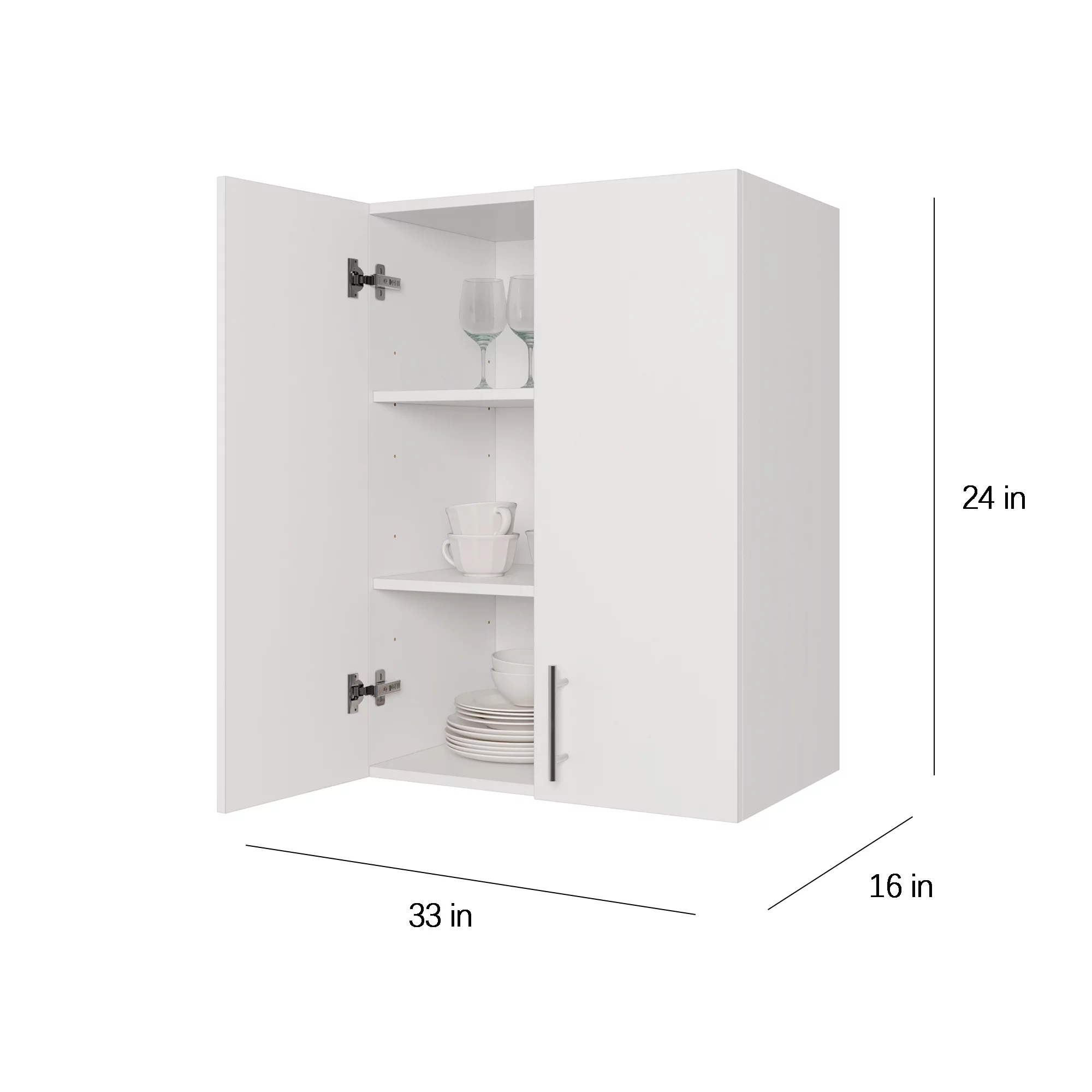 JPND Wall Mounted Wooden Storage Cabinet, 24" W x 33" H x 16" D White Kitchen Storage Cabinet with 2 Soft Doors and Adjustable Shelves