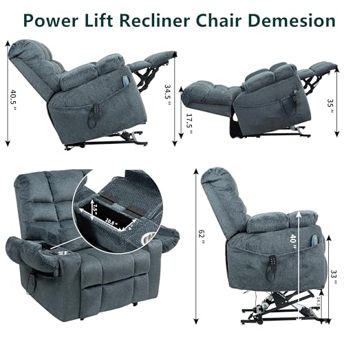 Light Grey Recliner Chair for Elderly | Tall and Big Man 400lbs | Chenille | Power Lift, Lay Flat, Stand Up, Wireless Charging Device, Extended Footrest, Massage Heat, Cup Holder, Lumbar Pillow