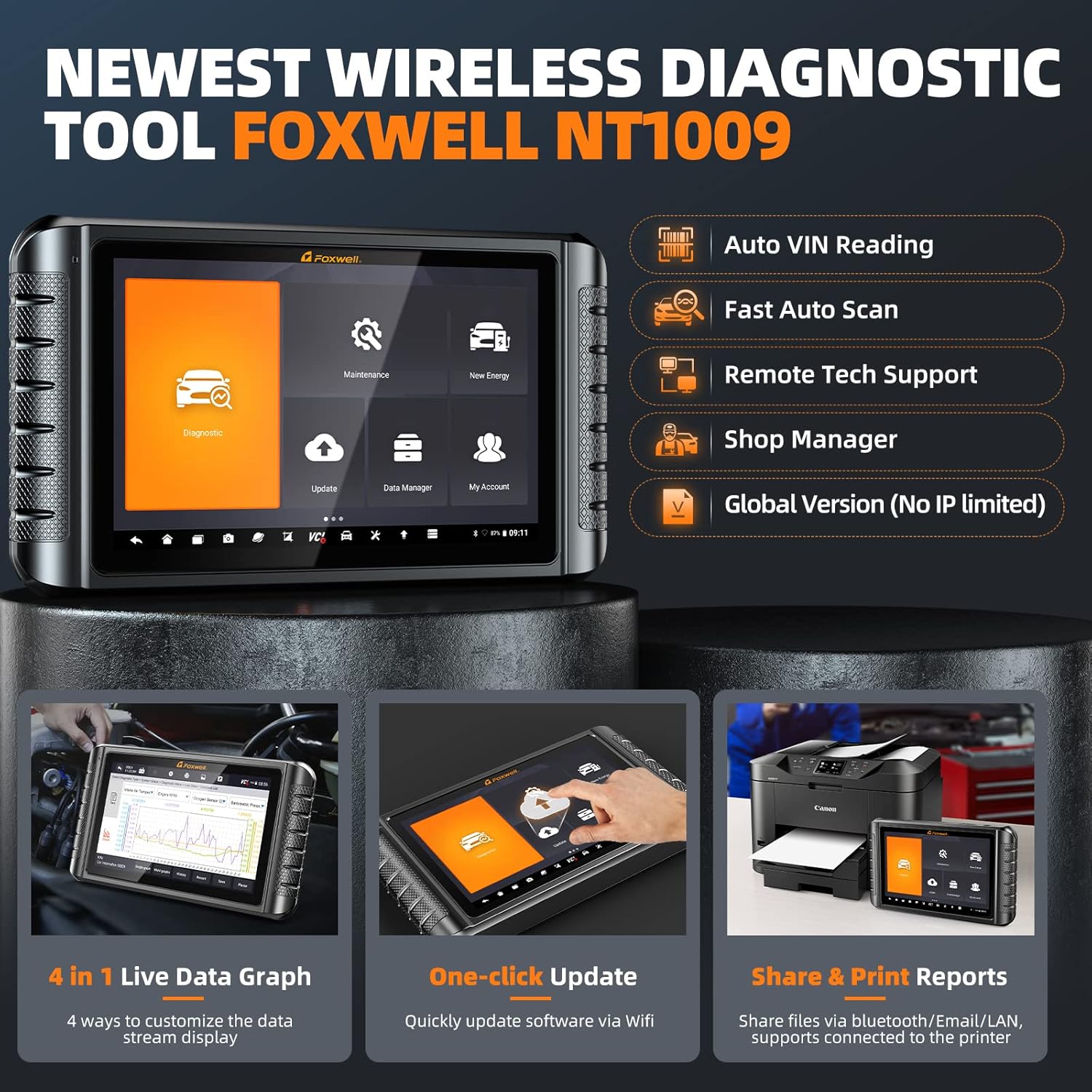 FOXWELL NT1009 Bluetooth Bi-Directional Scan Tool, ECU Coding, 30+ Reset, All System Diagnostic Tool, 3-Years Free Update, Fit for FCA Cars, CAN FD, 10.1 inch Car Scanner, OBD2 Scanner for All Cars