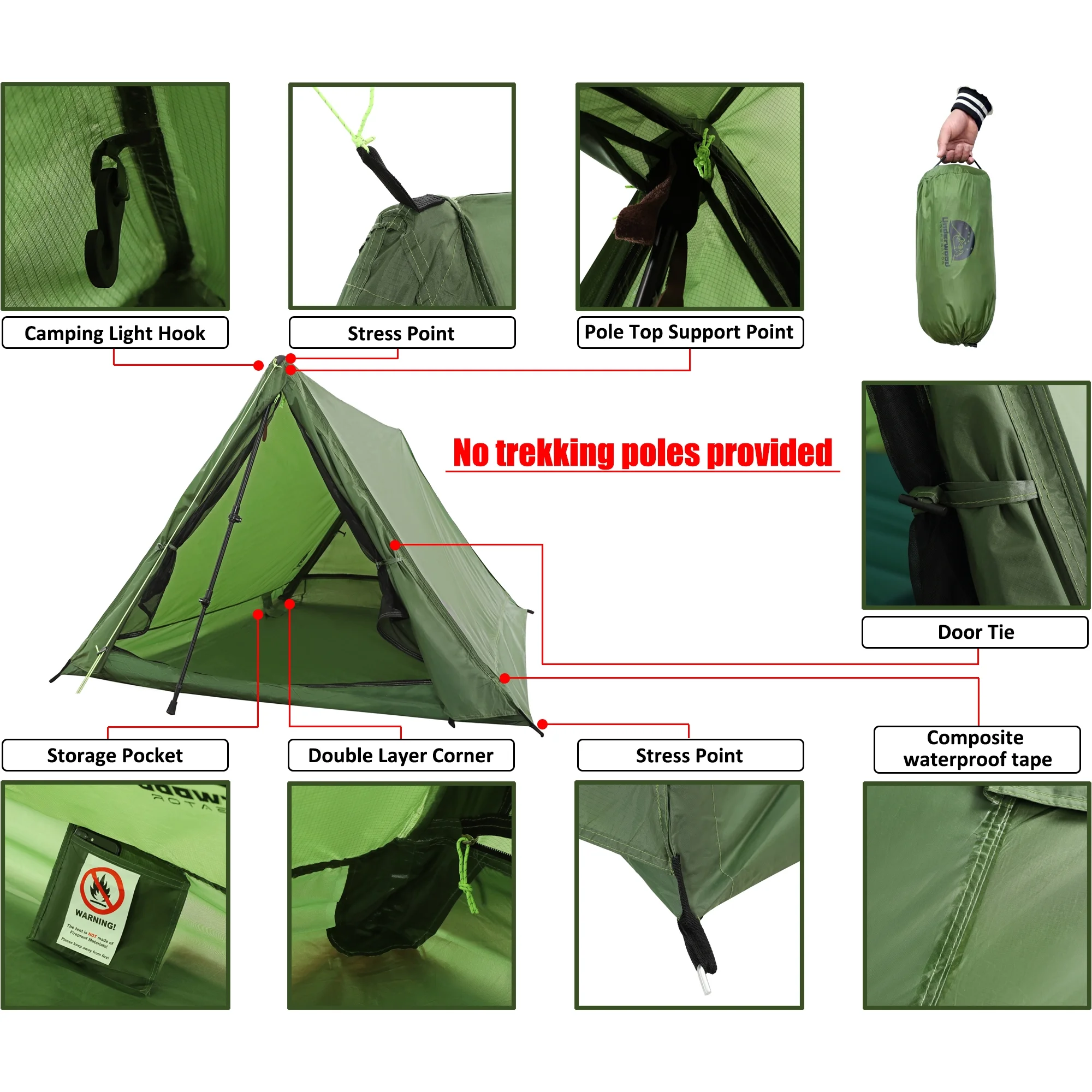 1 Person and 2 Person Trekking Pole Tent for Backpacking - Ultralight Backpacking Tent, Waterproof Hiking Tent for Camping  (NO Trekking Poles!!!)
