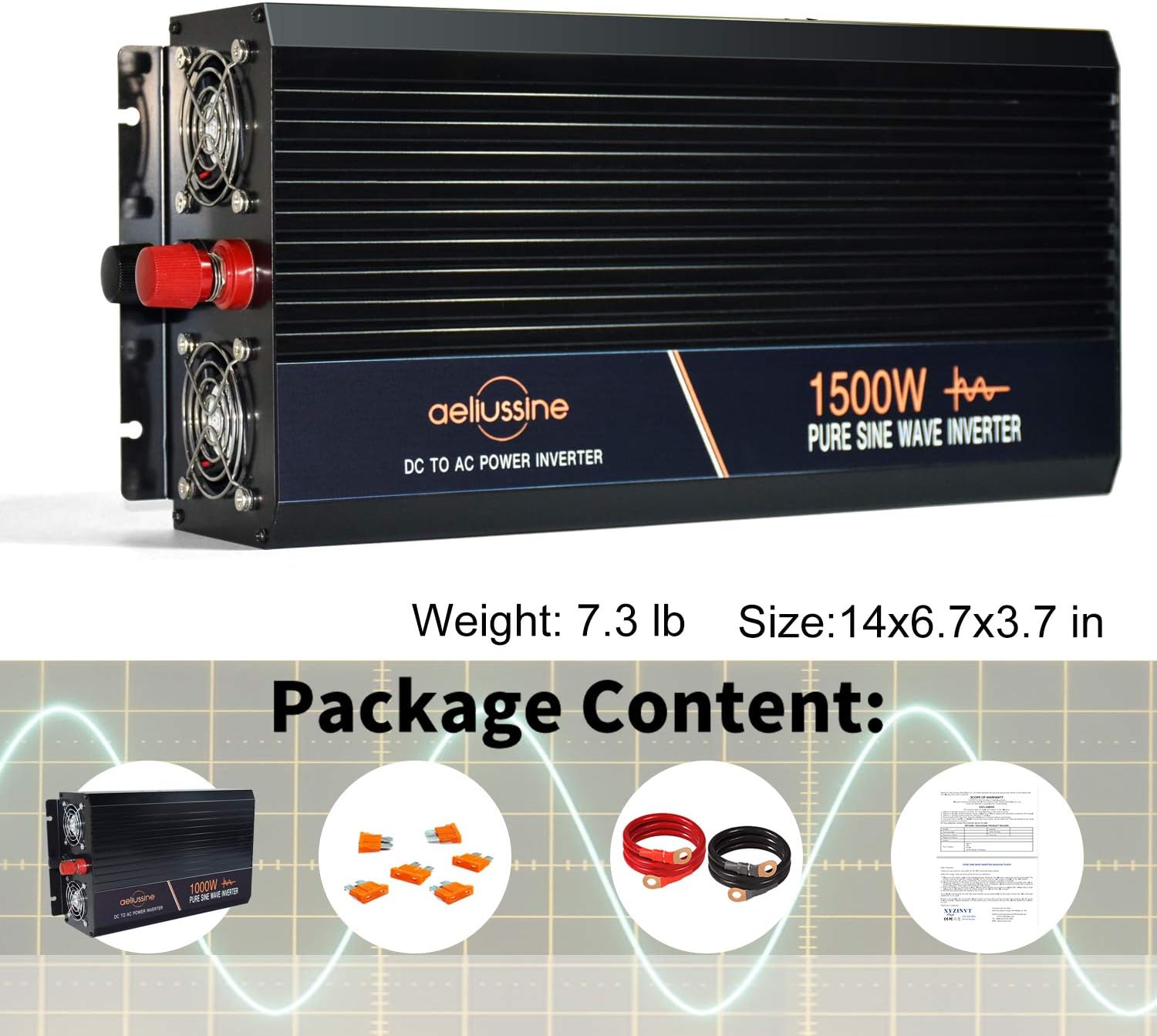 aeliussine Power Inverter 2000W Pure Sine Wave Inverter 12v DC to AC 120v Peak 4000 Watt Converter with LCD Display USB Charge Port for Car RV Boat Solar Power System.