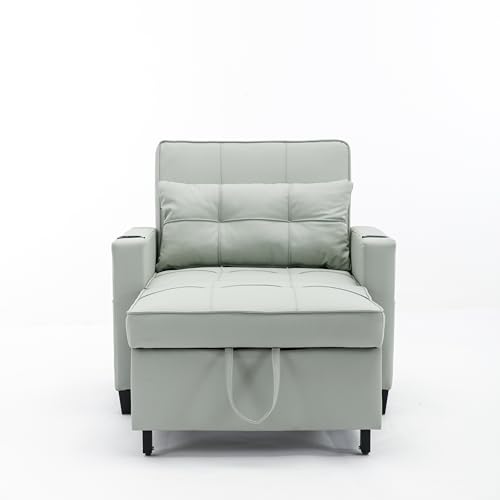 LUMISOL Sleeper Sofa Chair Bed for 2, Convertible Chair 3-in-1 Pullout Sleeper Chair Bed with USB Ports and Cup Hold, Adjustable Sleeper Chair for Living Room, Apartment, Green Tech Cloth
