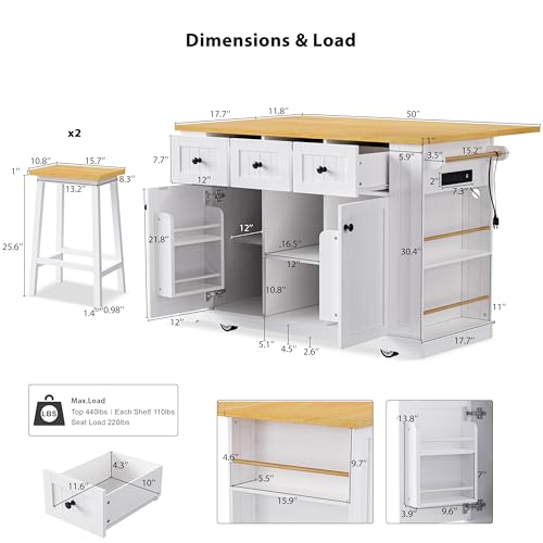 53" Rolling Large Kitchen Island Set with Power Outlet,Mobile Carts with Storage Cabinet,Extra Drop Leaf,3 Drawers and 5 Open Side Racks,Wood Table for Dining Room (Island & Stools)